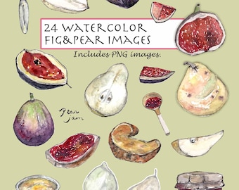 CLIP ART- Watercolor Fig & Pear. 24 Images. Digital Download. Handmade Jam. Fruit. Canned Food. Breakfast. Snack. Croissant. Sliced Bread.
