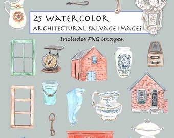 CLIP ART- Watercolor & Gouache Architectural Salvage Set. 25 Images. Digital Download. Vintage Findings. Frames. Corbels. English Ironstone.