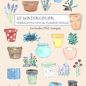 CLIP ART- Watercolor Vintage Terracotta Pots & Flower Set. 25 Images. Digital Download. Flower. Nature. Pot. Planter.