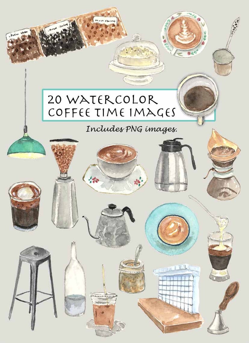 CLIP ART Watercolor Vintage Coffee Time Set. 20 Images. | Etsy