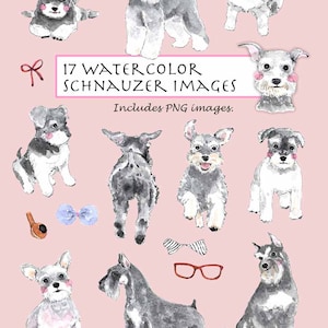 May include: A set of 17 watercolor illustrations of miniature schnauzers in various poses. The illustrations include a variety of accessories, such as hats, bows, and glasses. The text "17 Watercolor Schnauzer Images" and "Includes PNG images." is also included in the image.
