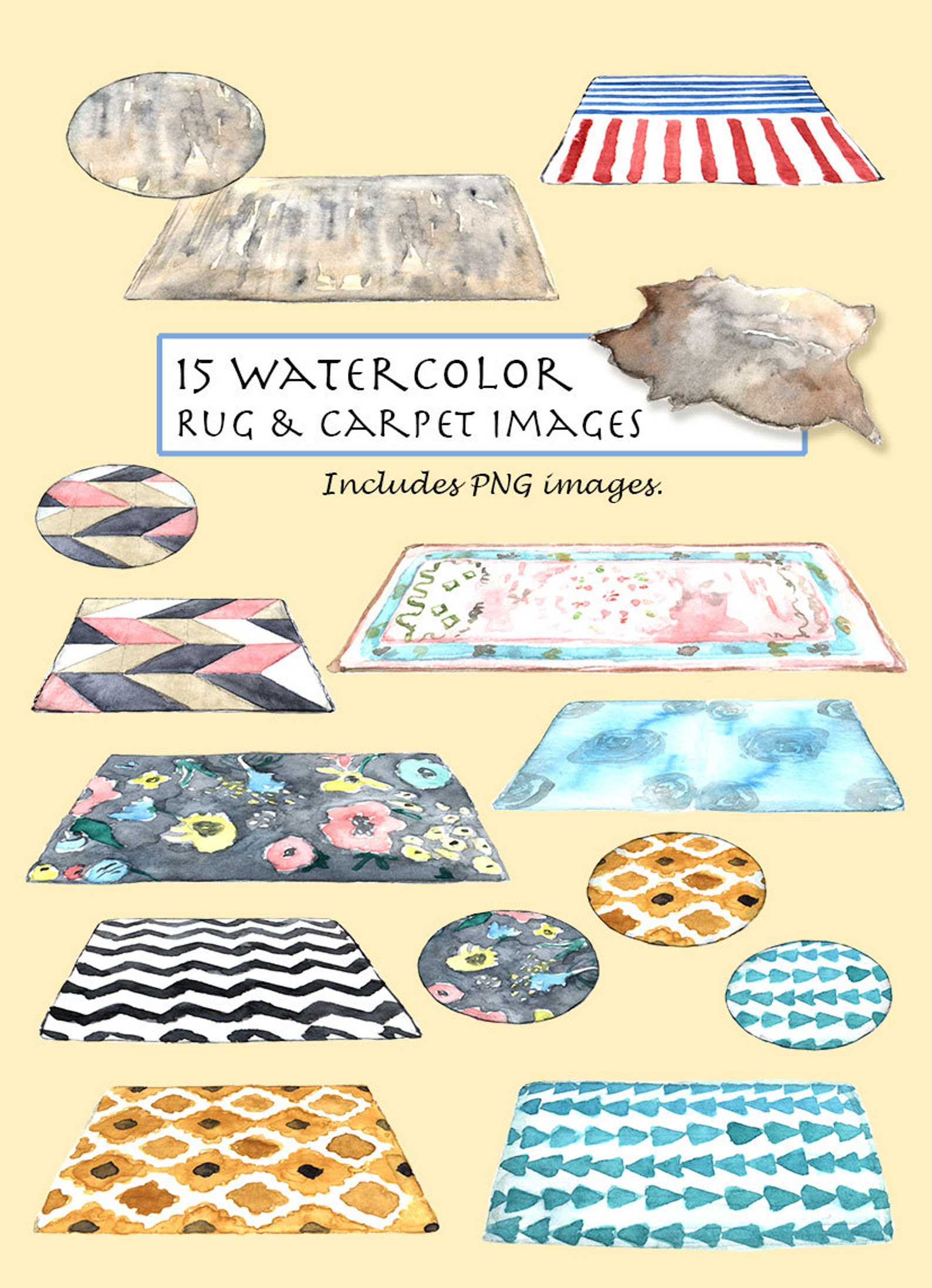 CLIP ART Watercolor Rug & Carpet Set. 15 Images. Home Decor. Floor