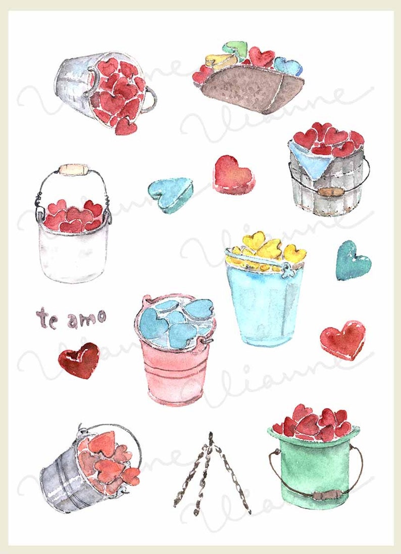CLIP ART Watercolor Buckets of Love Set. 15 Images. Digital Download
