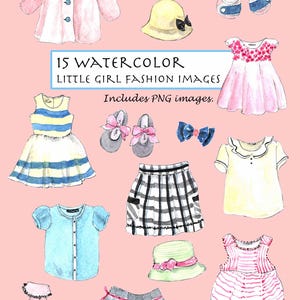 Clip Art- Aquarell Vintage kleine Mädchen Mode Set. 15 Bilder. Digitaler Download. Kindermode. Kleid. Schuhe. Rock.