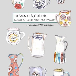 Puede incluir: Diez ilustraciones de acuarela de tazas y jarras de leche. Las tazas y las jarras están decoradas con varios patrones, incluyendo flores, peces y diseños geométricos. Las ilustraciones son de estilo vintage y serían perfectas para usar en scrapbooking, creación de tarjetas u otros proyectos de manualidades.