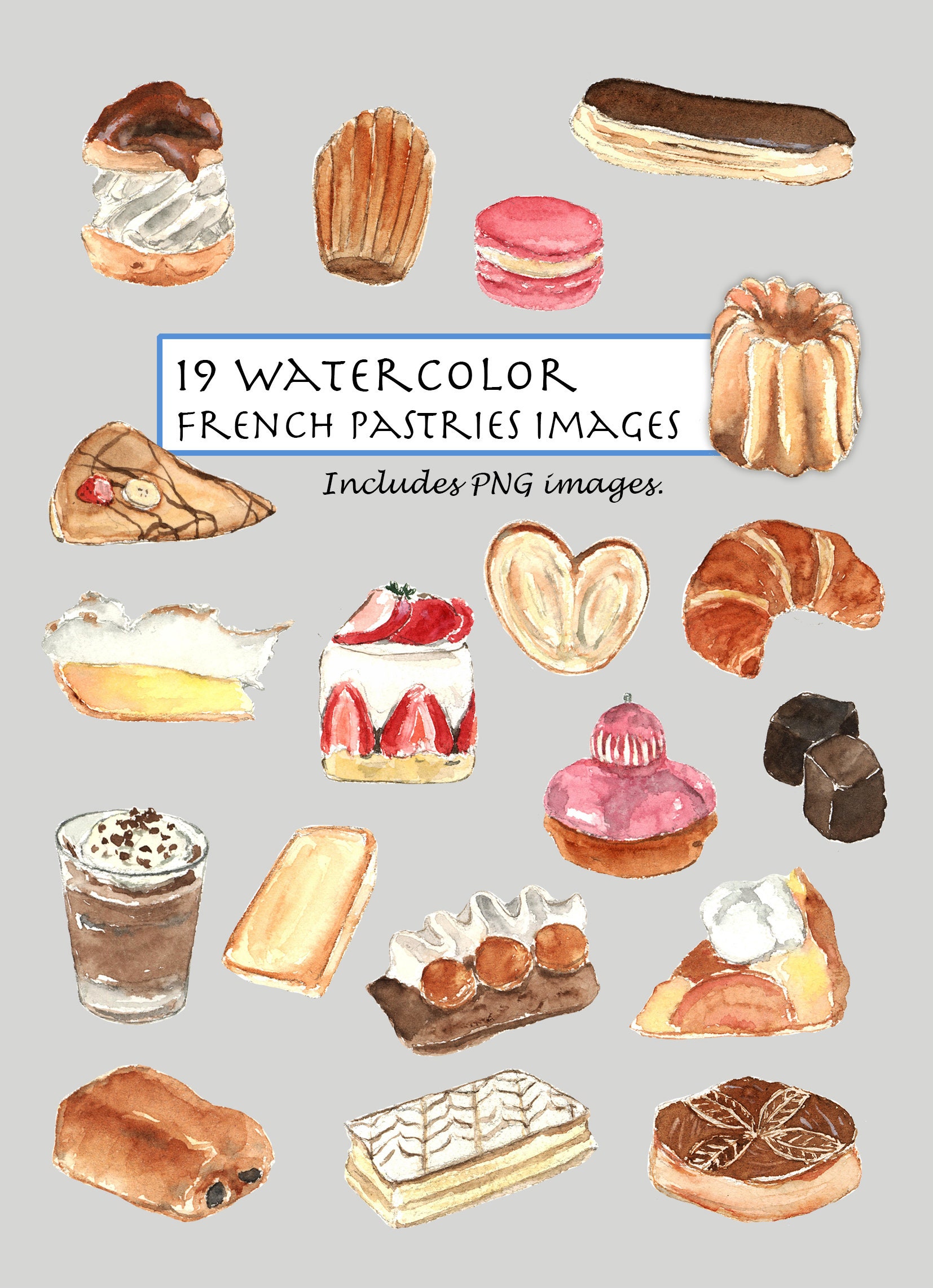 CLIP ART Watercolor Pancake & Accessories Set. 19 Images. Digital Download.  Recipe. Dachshund Puppy. Flour. Milk. Teaspoon. Oil. Egg. 