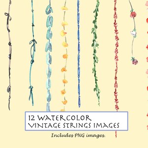 May include: Twelve watercolor illustrations of vintage strings, each with a different design and color. The strings are hanging vertically and include designs like beads, flowers, and simple lines.