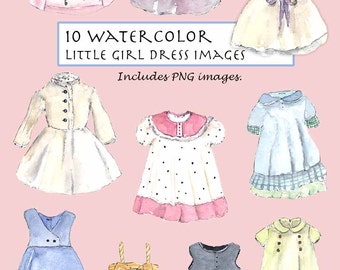 CLIP ART- Watercolor Vintage Little Girl Dress. 10 Images. Digital Download.