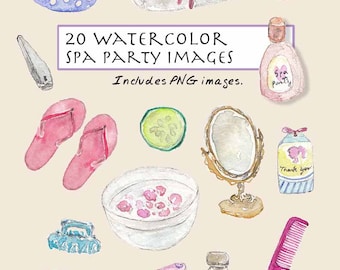 CLIP ART- Watercolor Spa & Sleepover Party Set. 20 Images. Digital Download. Pink. Party. Nail Polish. Mirror. Cucumber. Lemon.