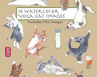 CLIP ART- Watercolor Yoga Cat Set. 16 Images. Digital Download. Yoga. Funny Cats. Cats Play. Animal Yoga.