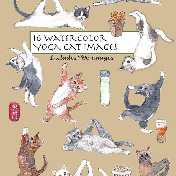 CLIP ART- Watercolor Yoga Cat Set. 16 Images. Digital Download. Yoga. Funny Cats. Cats Play. Animal Yoga.
