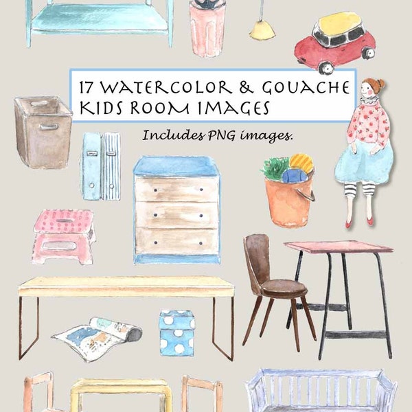 CLIP ART- Watercolor & Gouache Vintage Kids Room Set. 17 Images. Digital Download. Playroom. Toys. Long Bureau.