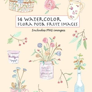 CLIP ART- Watercolor Vintage Flora Pot & Fruit Set. 14 Images. Digital Download. Flower. Nature. Pot. Fruit.