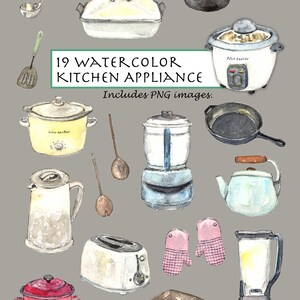 May include: Watercolor illustrations of 19 kitchen appliances, including a toaster, blender, slow cooker, rice cooker, kettle, and more. The illustrations are in a vintage style and are perfect for adding a touch of whimsy to your kitchen decor.
