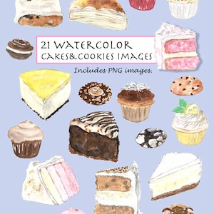Clip Art- Aquarell Kuchen und Kekse Set. 21 Bilder. Digitaler Download. Kuchen. Süßes. Bäckerei. Tortenstücke.