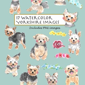 CLIP ART - Ensemble aquarelle de Yorkshire Terrier. 17 images. Téléchargement numérique. Yorkie. Chiot. Noir. Marron. Blanc. Couronne de couronne de flore.