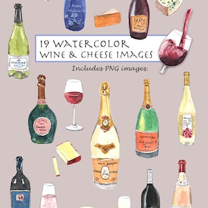 CLIP ART - Set di acquerelli di vino e formaggio. 19 immagini. Download digitale. Bicchieri.