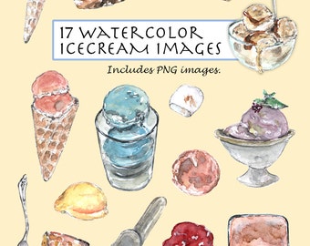 CLIP ART- Watercolor Ice Cream Set. 17 Images. Digital Download. Spoon. Chocolate. Strawberry. Mango. Ice cream cup cones.