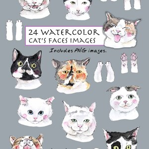 Watercolor Cat&#39;s Faces & Paws Set. 24 Images. Digital Download. Kittens. Pet. Animal faces. Cat&#39;s smile.