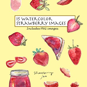 CLIP ART- Watercolor Strawberry. 15 Images. Digital Download. Handmade Jam. Fruit. Chopped Strawberry. Canned Food.