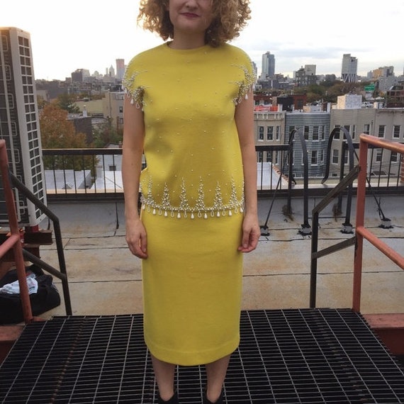 Vintage Yellow Beaded Skirt & Top Set - image 3