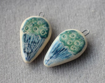 Pair hand painted ceramic charms with jellyfish, summer sea beads, handmade ceramic beads, artisan summer charms, jellyfish charms