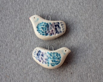 pair glazed ceramic bird beads, ceramic doves birds, ceramic bird components for jewelry making, artisan ceramic birds earrings