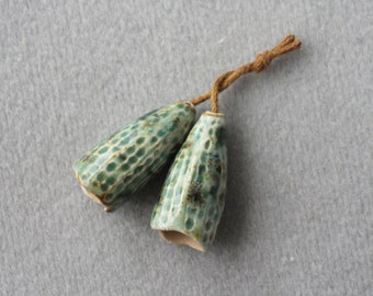 ceramic bell Beads, ceramic flower beads, rustic cup beads, boho pottery components for jewelry, set artisan ceramic beads