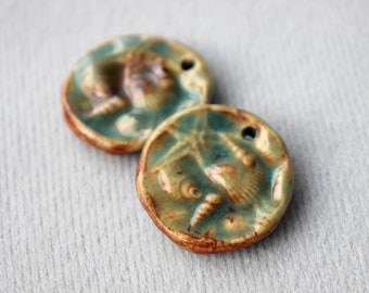 Pair artisan ceramic sea beads, handmade ceramic charms, components for handmade jewelry, saeshell beads for summer