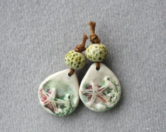 Artisan summer sea ceramic beads, pair artisan summer sea urchin ceramic charms, ceramic pottery components for jewelry