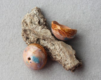 Pair of artisan ceramic cup beads, autumn ceramic beads, artisan forest beads for jewelry