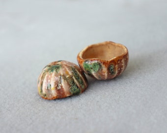 Pair of artisan ceramic cup beads, autumn ceramic beads, artisan forest beads for jewelry