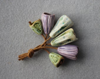 ceramic beads, 6 artisan ceramic spring flower earrings bells, ceramic crocus flower components for jewelry, spring flower pottery