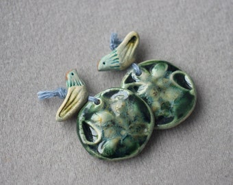 Ceramic beads, ceramic set birds and flower, Artisan birds beads and ceramic charms, pottery birds and flowers earrings beads