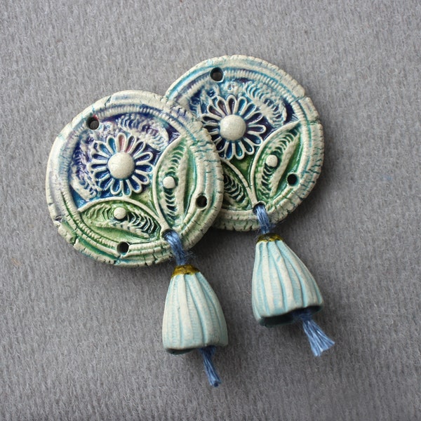 Rustic ceramic flower set connectors with bells, Artisan flower ceramic components for jewelry making, pottery flower jewelry elements