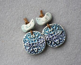 Ceramic beads, ceramic set birds and flower, Artisan birds beads and ceramic charms, pottery birds and flowers earrings beads