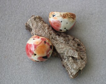 Pair of artisan ceramic cup beads, autumn ceramic beads, artisan forest beads for jewelry