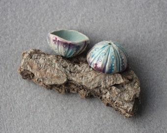 Pair of artisan ceramic cup beads, summer blue seashell beads, artisan sea urchin cups for jewelry