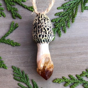 Handmade Citrine Morel Mushroom Crystal Woodland Holiday Tree Christmas Ornament