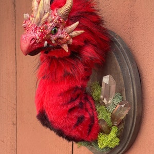 Red Dragon Faux Taxidermy Wall Mount Handmade Fantasy Art with Quartz Crystals