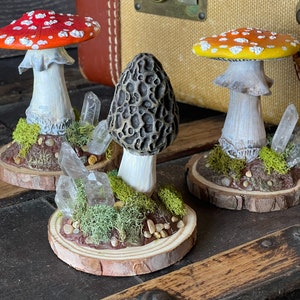 Single Polymer Clay Mushroom Sculpture with Quartz Crystals Amanita Morel