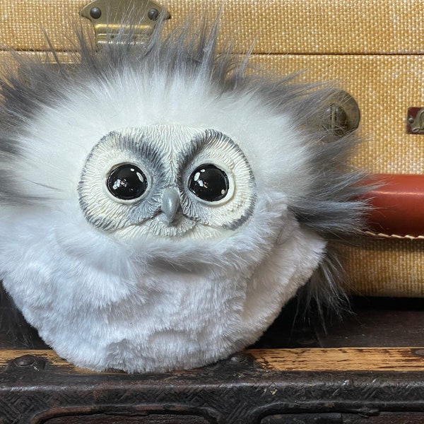 White and Gray Pygmy Owl Puff handmade art doll