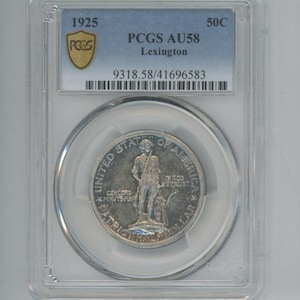 Certified 1925 Lexington Concord Commemorative Half Dollar  PCGS AU58 Natural Toned-Rare