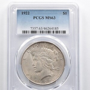 Certified 1922  Silver Peace Dollar Better  Date  PCGS MS 63-Rare