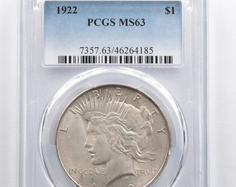 Certified 1922  Silver Peace Dollar Better  Date  PCGS MS 63-Rare