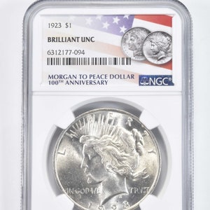A Genuine 1923 MS BU Unc Peace Silver Dollar NGC Flag 100th Anniversary Label