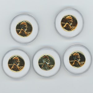 Lot of 5-  1909-1958 Lincoln WHEAT Pennies US Coins 24K Gold Plated Lincoln Cent Penny
