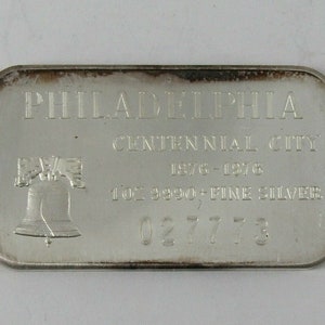 Philadelphia  Centenial CITY 1 Troy oz 999 Silver bar small bell-Rare