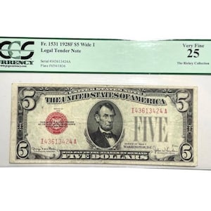 Series 1928-F Five Dollar Red Seal Legal Wide I Fr. 1531 IA Block PCGS 25 Serial I43613424A-Rare