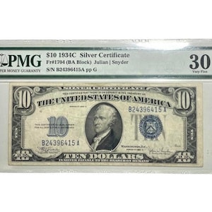1934C (BA Block) Silver Certificate 10 Ten Dollar  PMG VF30 Very Fine BLUE Seal